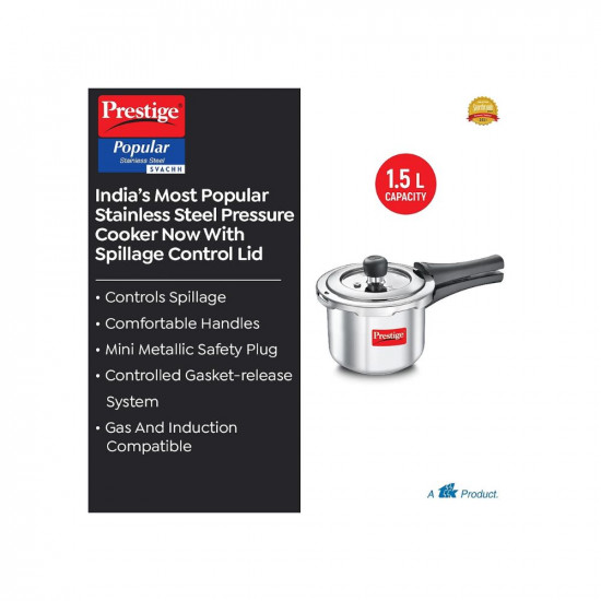 Prestige Svachh Popular Spillage Control Stainless Steel Outer Lid Pressure Cooker 15 L Silver