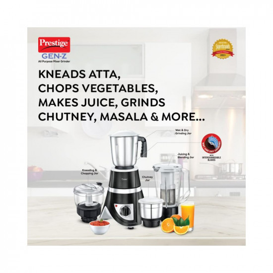 Prestige TTK 750 Watts Gen-Z All Purpose Juicer Mixer Grinder With 4 Jars 1500 Ml 1500 Ml 500 MlKneadingChoppingJuicerGrinder Jars2 Years WarrantyBlack