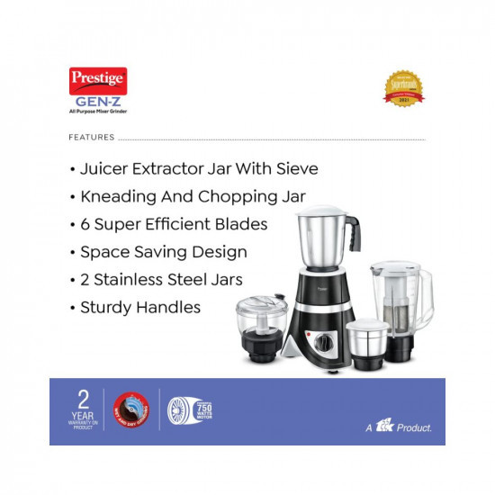 Prestige TTK 750 Watts Gen-Z All Purpose Juicer Mixer Grinder With 4 Jars 1500 Ml 1500 Ml 500 MlKneadingChoppingJuicerGrinder Jars2 Years WarrantyBlack