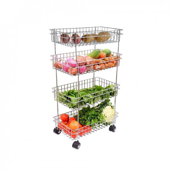 Privesh Stainless Steel Modern Kitchen Storage Rack Folding Perforated Design Trolley Spice Fruits and Vegetable Onion Potato Organizer Stand Trolley with Wheel Kitchen Trolley (4 Layer Trolley)