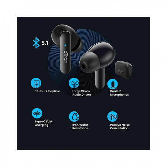 pTron Bassbuds Duo in Ear Earbuds with 32Hrs Total Playtime, Bluetooth 5.1 Wireless Headphones, Stereo Audio, Touch Control TWS, with Mic, Type-C Fast Charging, IPX4 & Voice Assistance (Black)
