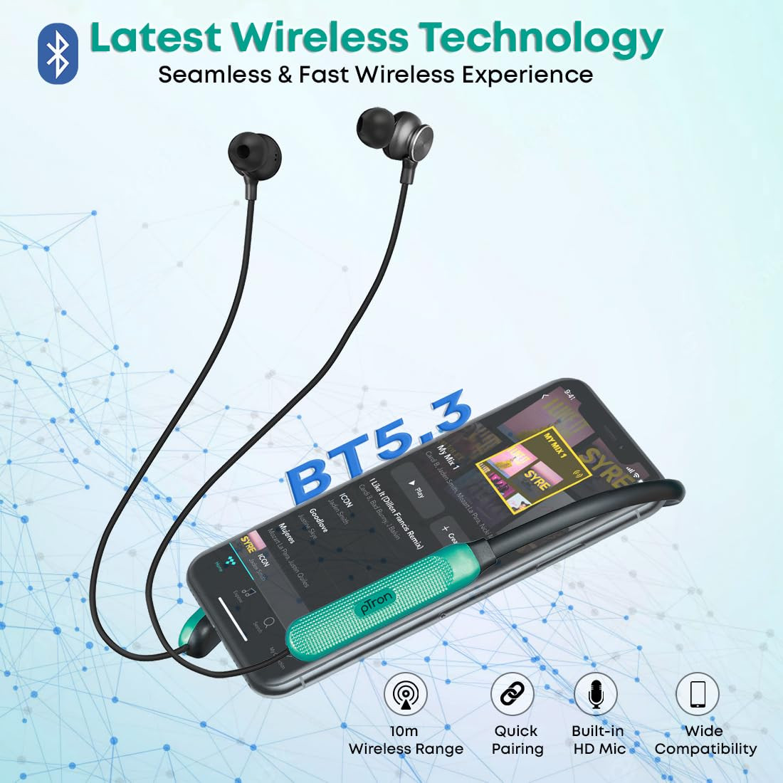 pTron InTunes Classic Bluetooth 52 Wireless in-Ear Headphones with Mic 24H Playback 13mm Driver Fast Charging Type-C Neckband Dual Pairing Voice Assist  IPX4 Water Resistant Jet BlackGreen
