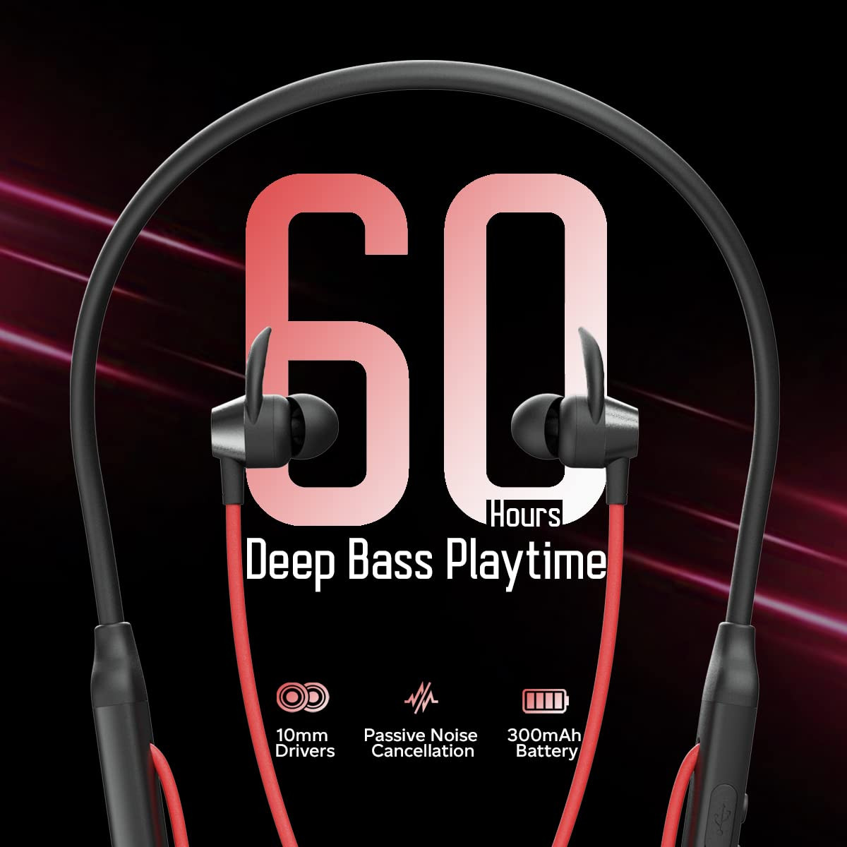 pTron Tangent Sports 60Hrs Playtime ENC BT52 Headphone AptSense 40ms Low Latency Gaming Punchy Bass Dual Device Pairing in-Ear Wireless Earphone HD Mic Type-C Fast Charging  IPX4 BlackRed