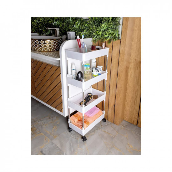 PULSBERY Slim Rack Shelf with Wheels -Plastic Trays with Stainless Steel Support-Kitchen Storage Trolley-Multipurpose Space Saver Organizer-Onion Potato Rack & Vegetables Stand (4 Layer)