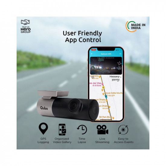 Qubo Car Dash Camera Pro with GPS Dash Cam from Hero Group  Made in India Dashcam  Full HD 1080p  Wide Angle View  G-Sensor  WiFi  Emergency Recording  Upto 256GB SD Card Supported