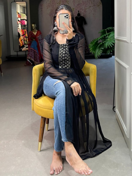 Impressive Black Digital Printed Cotton Silk Readymade Anarkali Kurti