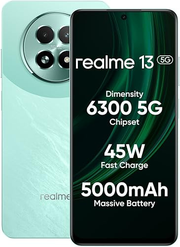 realme 13 5G Speed Green 8GB RAM 128GB Storage  Expandable Upto 2TB  Up to 18GB Dynamic RAM  50MP AI Dual Camera  672 AMOLED Display  45W Ultra Charging  Dimensity 6300 Processor