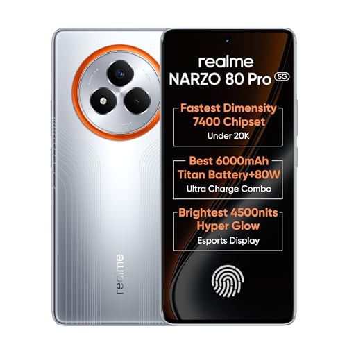 realme NARZO 80 Pro 5G Speed Silver8GB128GB  Segments 1st MediaTek Dimensity 7400 Chipset  6000mAh Titan Battery  80W Ultra Charge  4500nits HyperGlow Esports Display  IP69 Waterproof