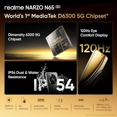 realme NARZO N65 5G Amber Gold 6GB RAM 128GB Storage Indias 1st D6300 5G Chipset  Ultra Slim Design  120Hz Eye Comfort Display  50MP AI Camera Charger in The Box