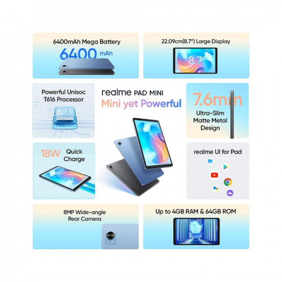 realme Pad Mini WiFi+4G Tablet | 4GB RAM 64GB ROM (Expandable), 22.1cm (8.7 inch) Cinematic Display | 6400 mAh Battery | Dual Speakers | Grey Colour