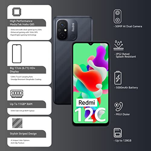 Redmi 12C Matte Black 4GB RAM 64GB Storage  High Performance Mediatek Helio G85  Big 17cm671 HD Display with 5000mAhtyp Battery