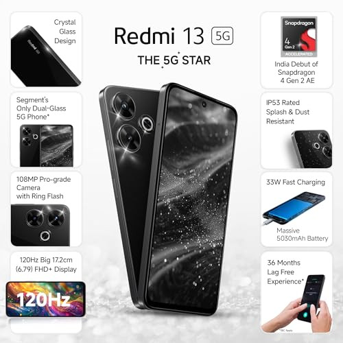 Redmi 13 5G Black Diamond 8GB128GB  India Debut SD 4 Gen 2 AE  108MP Pro Grade Camera  679in Largest Display in Segment