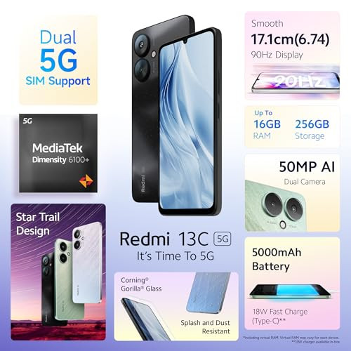 Redmi 13C 5G Starlight Black 4GB RAM 128GB Storage  MediaTek Dimensity 6100 5G  90Hz Display