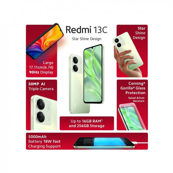 Redmi 13C (Starshine Green, 8GB RAM, 256GB Storage) | Powered by 4G MediaTek Helio G85 | 90Hz Display | 50MP AI Triple Camera