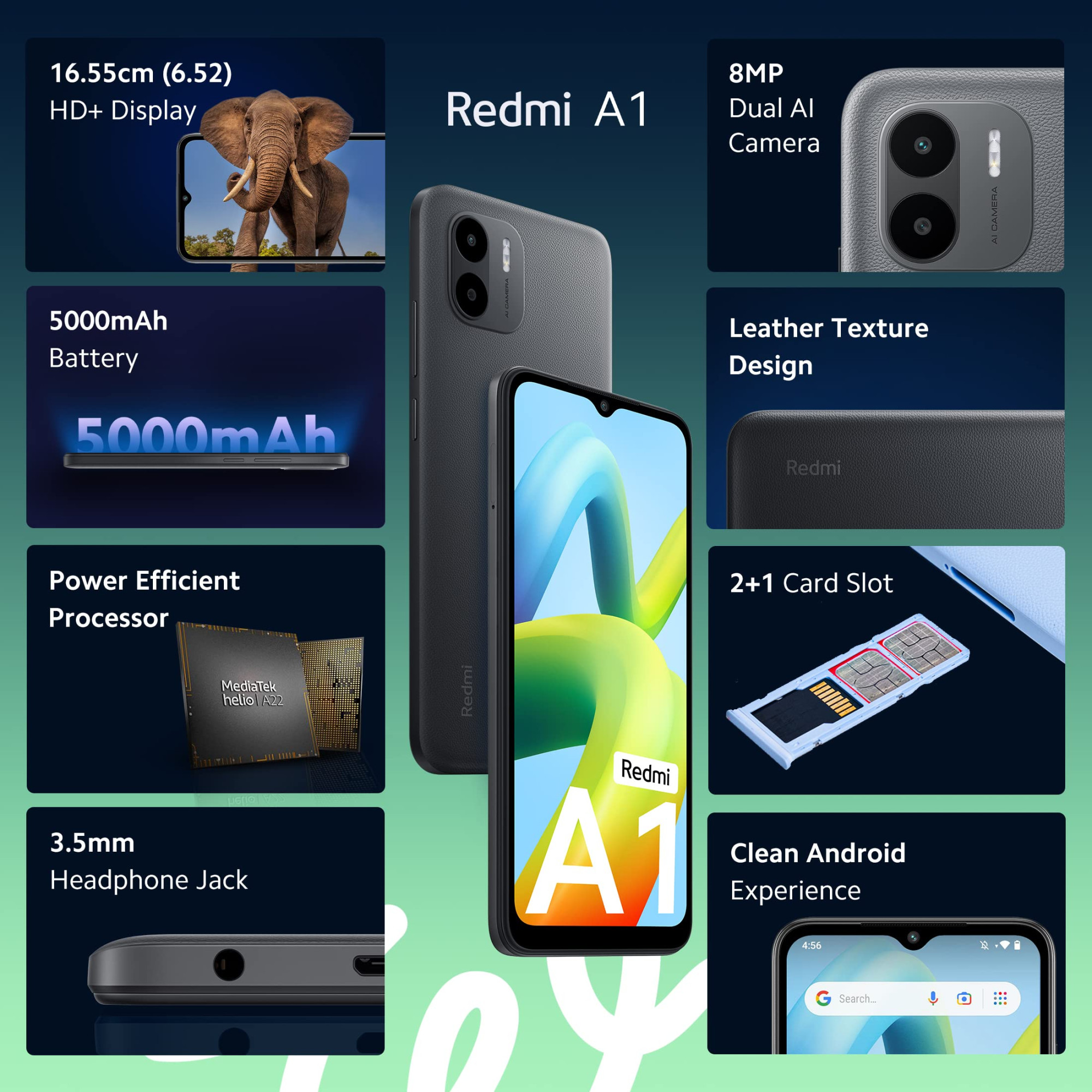 Redmi A1 Black 2GB RAM 32GB Storage  Segment Best AI Dual Cam  5000mAh Battery  Leather Texture Design  Android 12