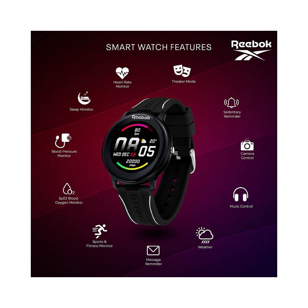 Reebok Smartwatch- Full-Touch HD Display, SpO2 Sensor, Dynamic HRM, BP & Sleep Monitor, Durable Spindrop Strap-Black