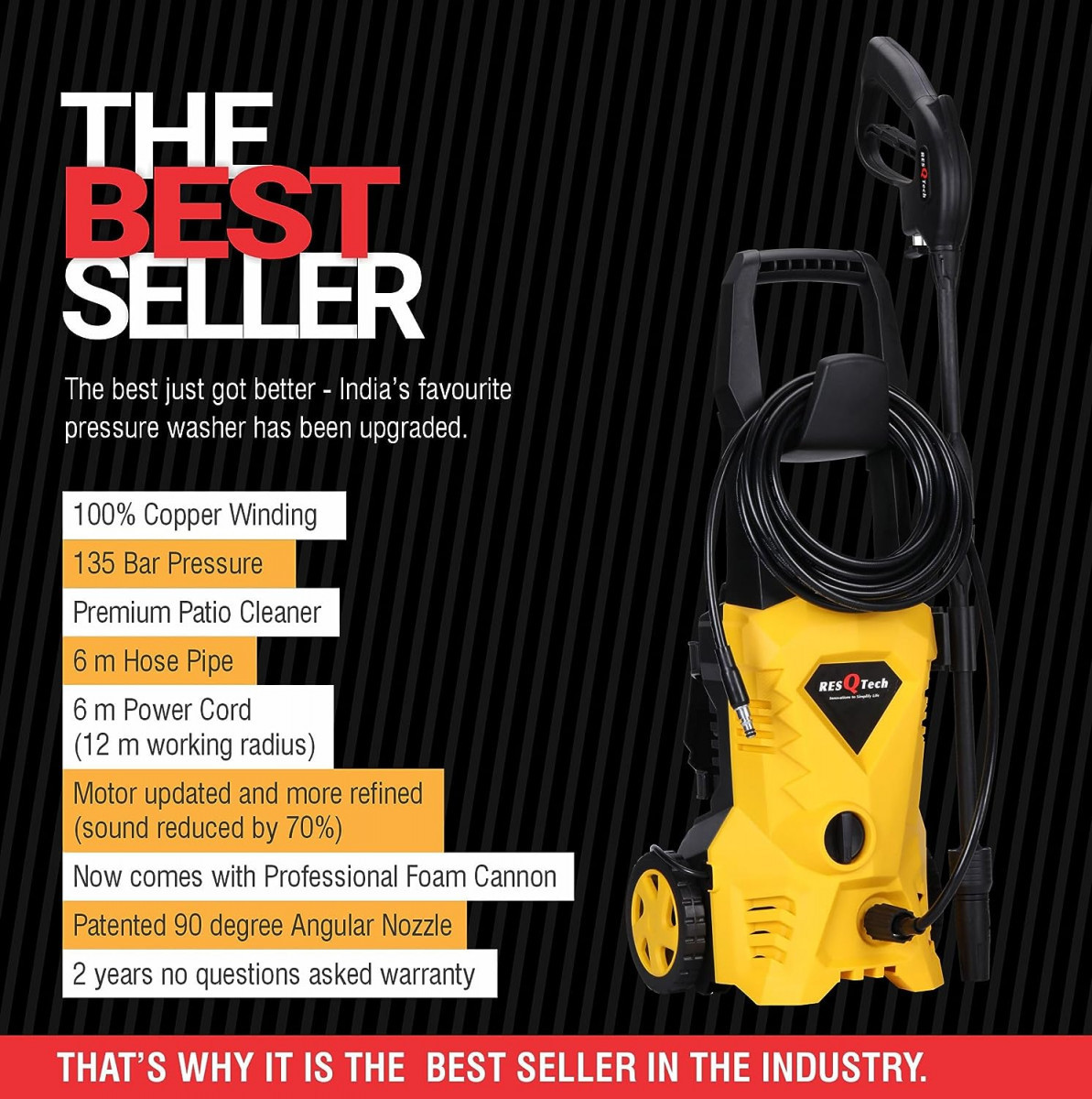 ResQTech PW-101 Advance 1700 Watt 135 Bar High Pressure Washer for Car Bike and Home - 2 Year Warranty - Patio Cleaner - Foam Cannon - 90 Degree Nozzle - 6m Hose Pipe 6 m Power Cord - Copper Winding -  Premium Edition 