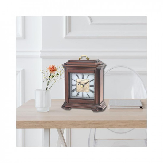 RHYTHM Elegant Rectangular Brown Color Wooden Case Analog Sea Shell White Dial Table Top Home Decor Office Desk Clock (Size: 15.2 x 8 x 19.7 CM | Weight: 6000 grm)