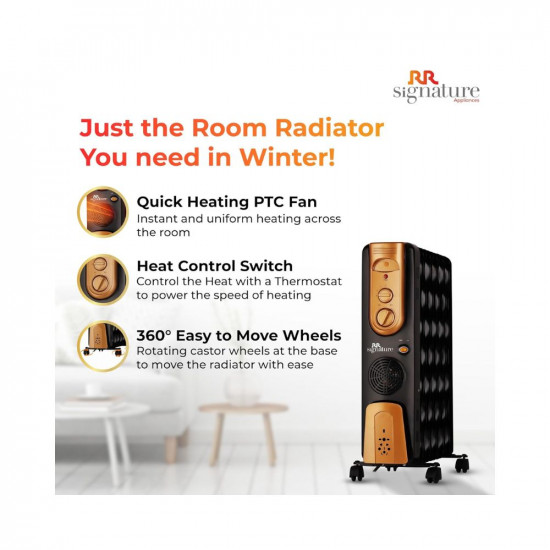 RR Signature Oil Filled Radiator Room Heater | 11 fin 2900 Watts | OFR Heater with Castor Wheels, Adjustable Thermostat, 3 Heat Settings | Silent Room Heater for Home & Office|2 Year Warranty by RR