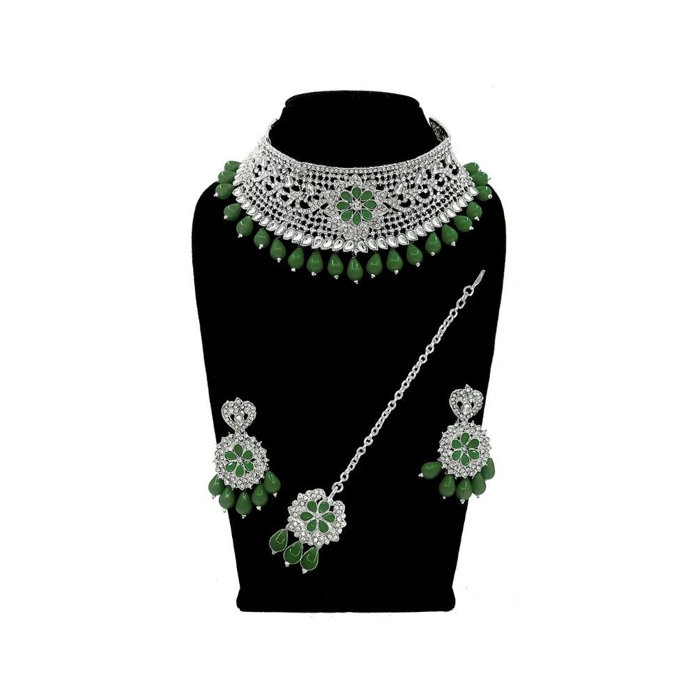 SAIYONI Design Trendy Austrian Diamond With Kundan Stone work Choker Necklace Earring with maangtikka jewellery set forWomen