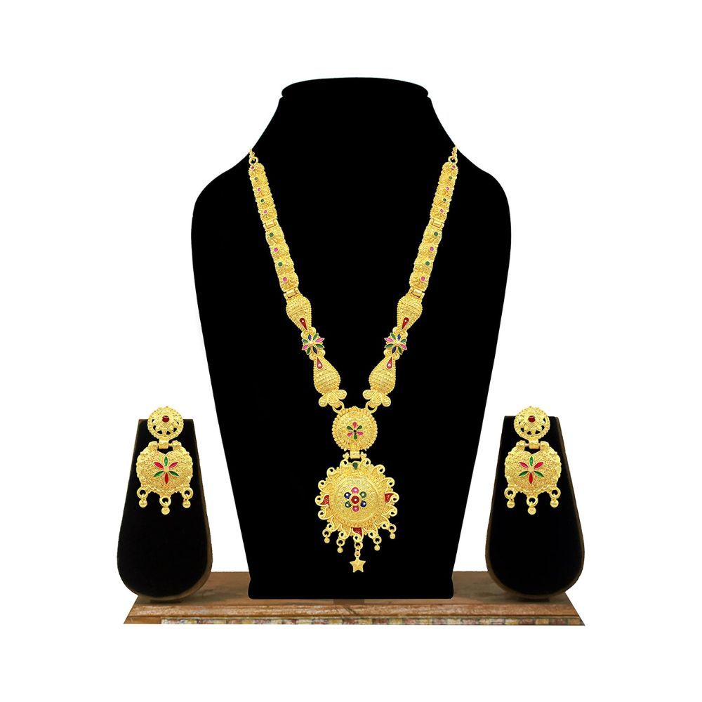 SAIYONI Ethnic Bridal One Gram Gold Plated Forming Long Necklace With Earring Jewellery Set (Gold)