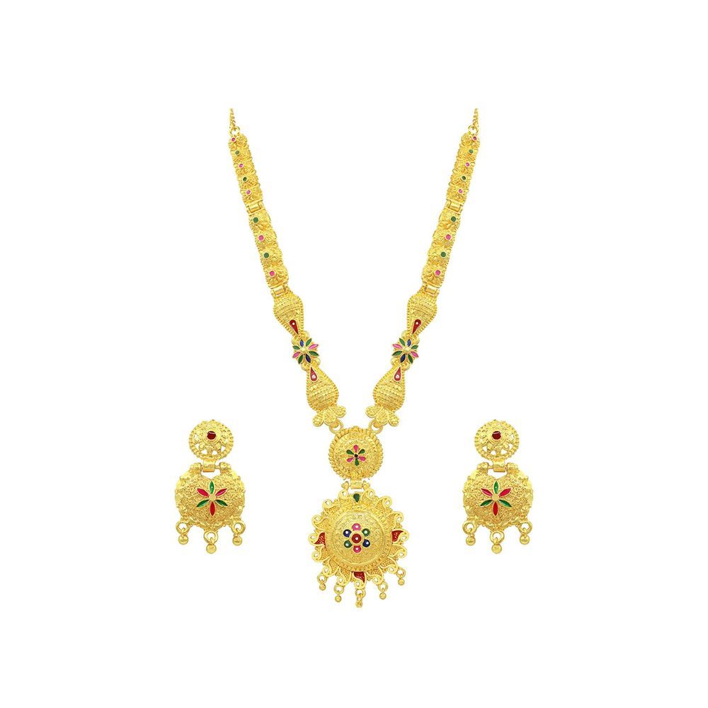 SAIYONI Ethnic Bridal One Gram Gold Plated Forming Long Necklace With Earring Jewellery Set (Gold)