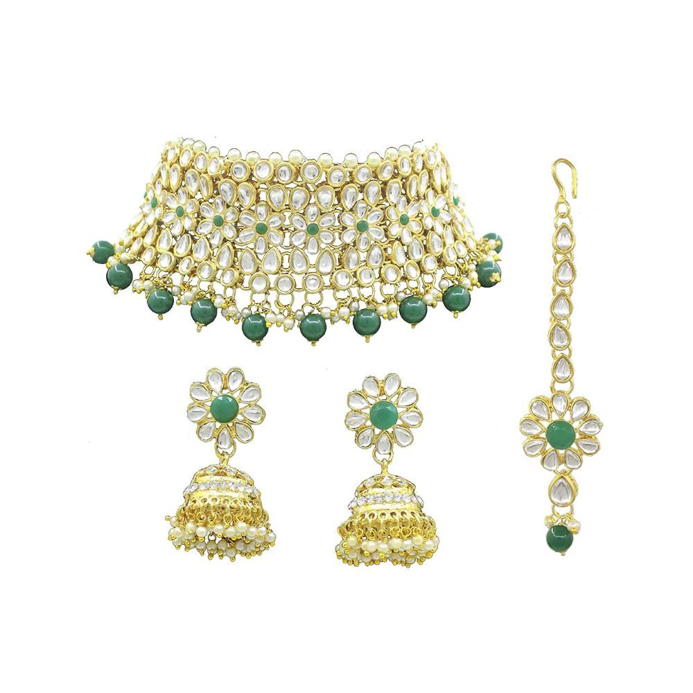 SAIYONI Wedding Collection Kundan Gold Plated Choker Necklace, Earrings with Maang Tikka Jewellery Set
