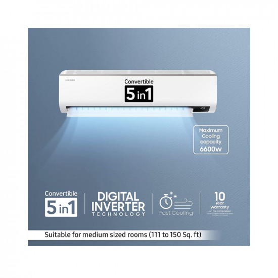 Samsung 1.5 Ton 5 Star Inverter Split AC (Copper, Convertible 5-in-1 Cooling Mode, Anti-Bacteria, 2023 Model AR18CYNZABE White)