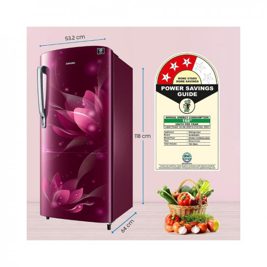 Samsung 183 L 3 Star Digital Inverter Direct Cool Single Door Refrigerator (RR20C1723R8/HL, Saffron Red 2023 Model)