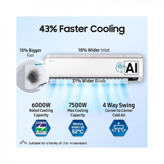 Samsung 2 Ton 3 Star Wi-fi Enabled Inverter Split AC Copper Convertible 5-in-1 Cooling Mode Anti-bacterial Filter 2023 Model AR24CYLZABE White