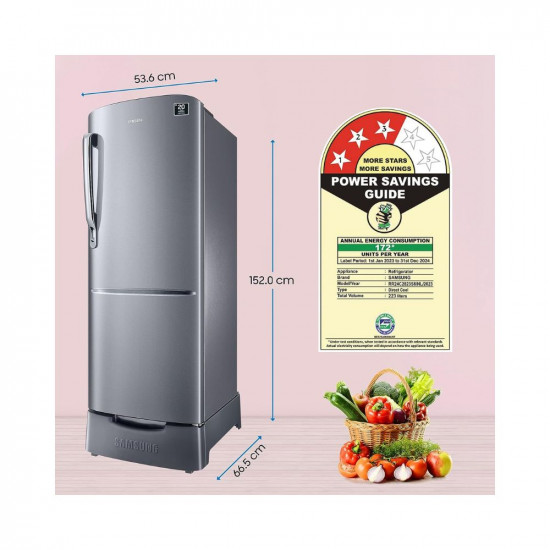 Samsung 223 L 3 Star Digital Inverter Direct Cool Single Door Refrigerator (RR24C2823S8/NL, Silver, Elegant Inox, Base Stand with Drawer 2023 Model)