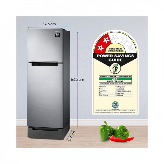 Samsung 236 L 2 Star Digital Inverter Frost Free Double Door Refrigerator (RT28C3122S8/HL, Silver, Elegant Inox, Base Stand with Drawer 2023 Model)