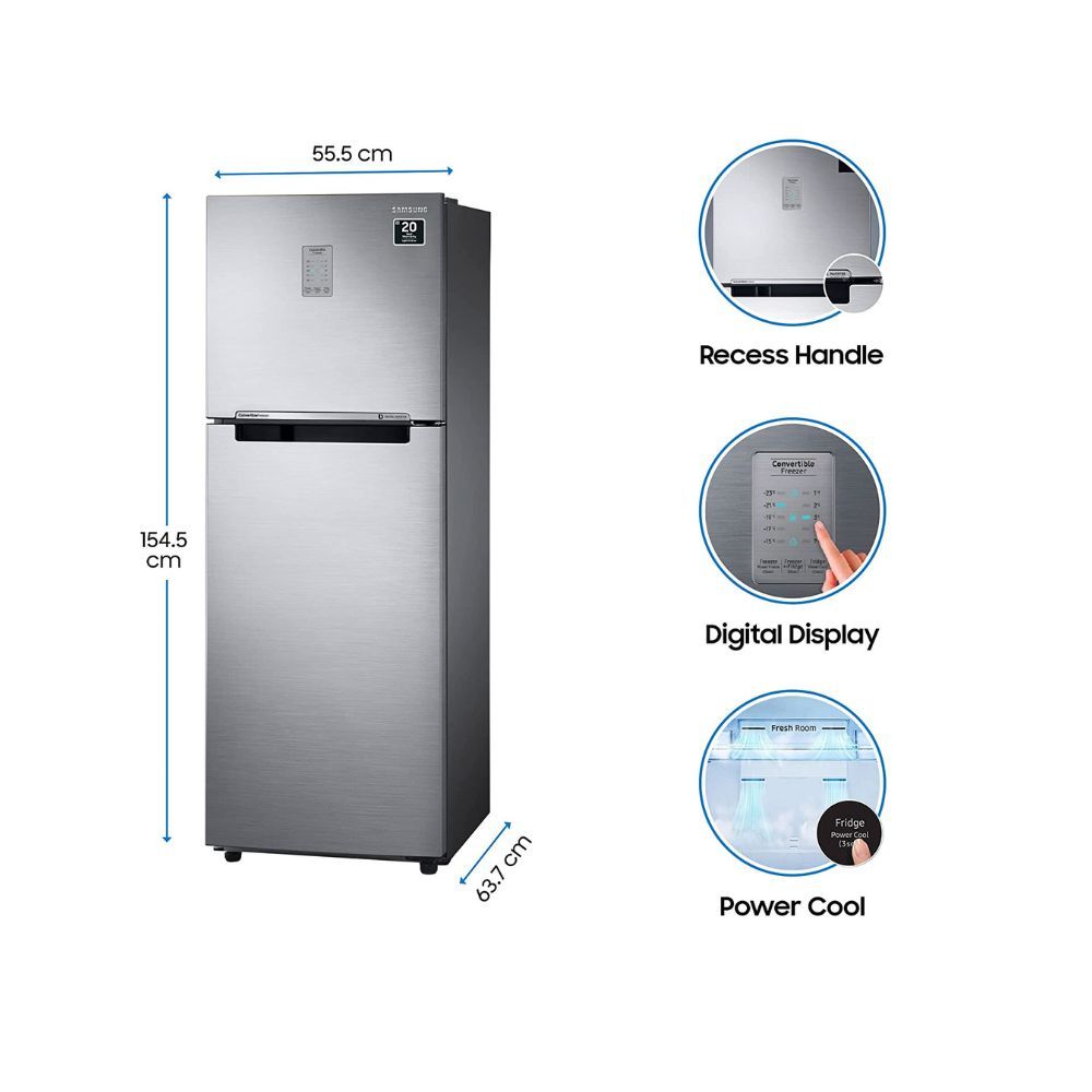 Samsung 253L 3 Star Inverter Frost Free Double Door Refrigerator RT28T3743S8HL Silver Elegant Inox Convertible
