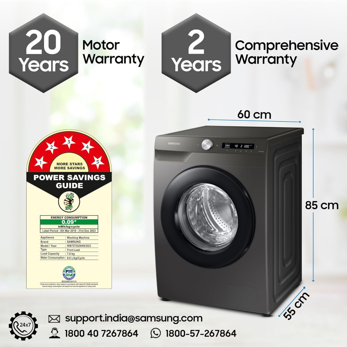 Samsung 7 kg 5 Star AI Control Wi-Fi Digital Inverter Motor Fully-Automatic Front Load Washing Machine WW70T502NAN1TL Hygiene Steam Inox