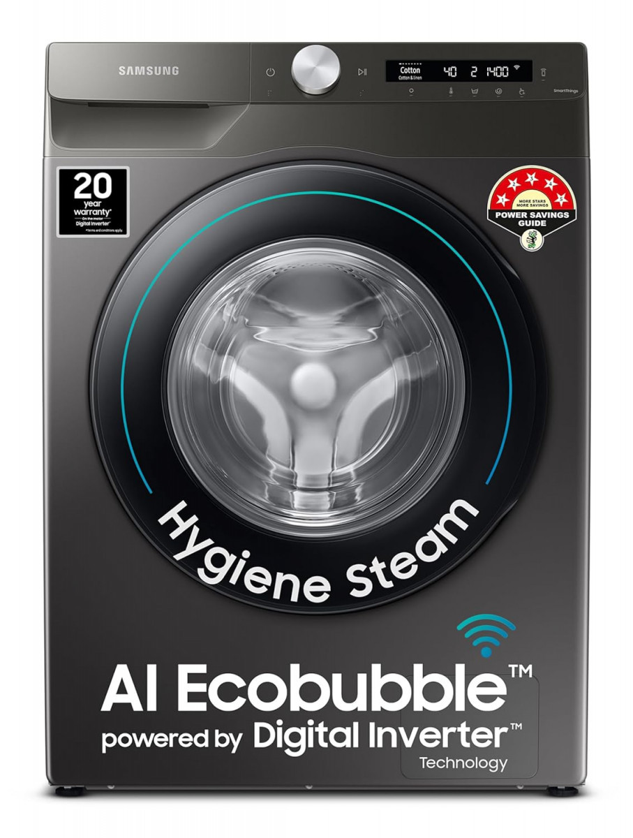 Samsung 9 kg 5 Star Eco Bubble Technology AI Control  Wi-Fi Digital Inverter Motor Fully-Automatic Front Load Washing Machine WW90T504DAN1TL Hygiene Steam Inox Free 1 Year Extended warranty