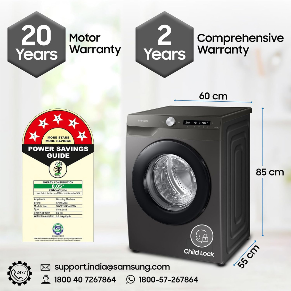 Samsung 9 kg 5 Star Eco Bubble Technology AI Control  Wi-Fi Digital Inverter Motor Fully-Automatic Front Load Washing Machine WW90T504DAN1TL Hygiene Steam Inox Free 1 Year Extended warranty