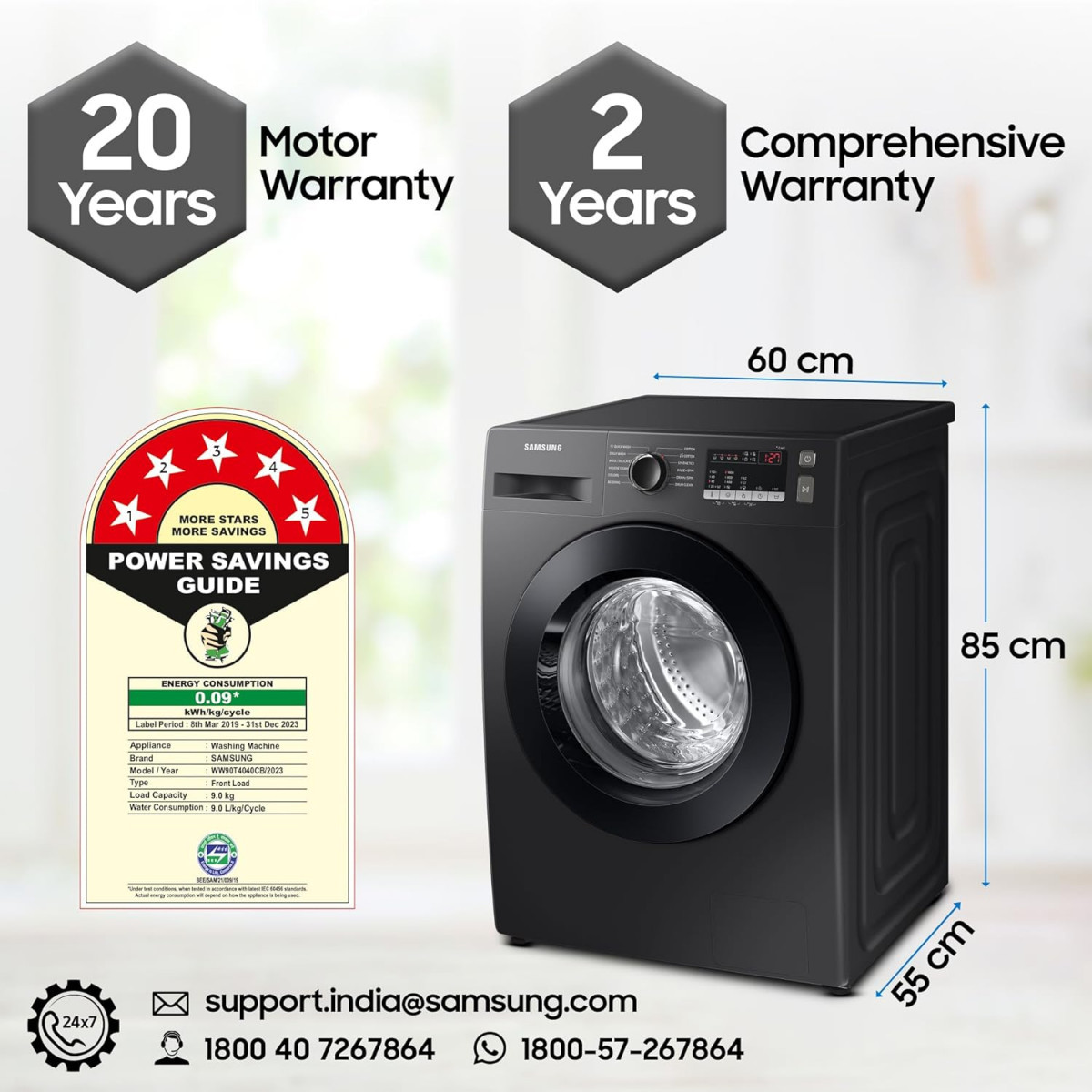 Samsung 9 kg Hygiene Steam with Inbuilt Heater Digital Inverter Fully-Automatic Front Load Washing Machine WW90T4040CB1TL Black