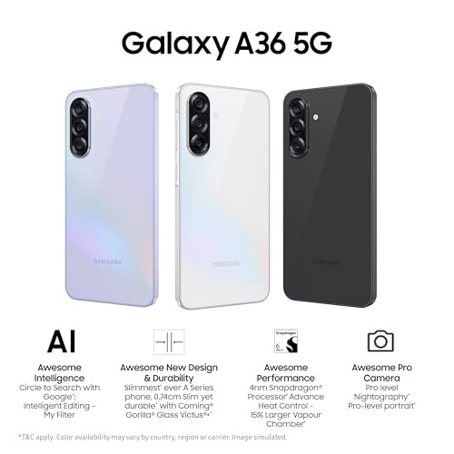 Samsung Galaxy A36 5G Awesome Lavender 8GB 128GB  Awesome Intelligence Circle to Search Intelligent Editing  Awesome 4nm Snapdragon Processor  Flagship Grade Selfie Camera