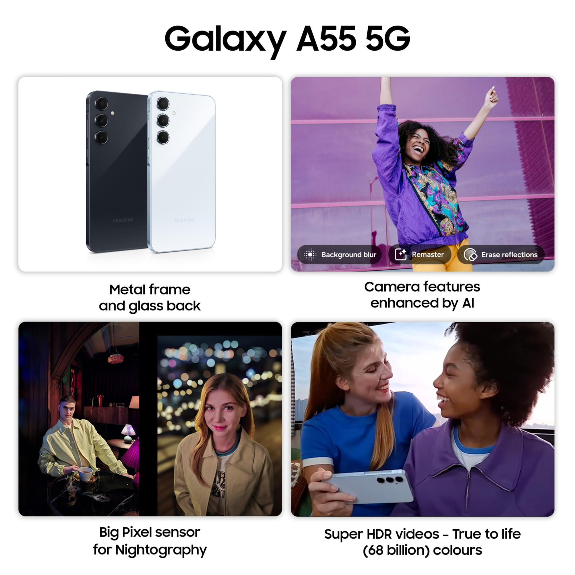 Samsung Galaxy A55 5G Awesome Iceblue 8GB RAM 256GB Storage  Metal Frame  50 MP Main Camera OIS  Nightography  IP67  Corning Gorilla Glass Victus  sAMOLED with Vision Booster
