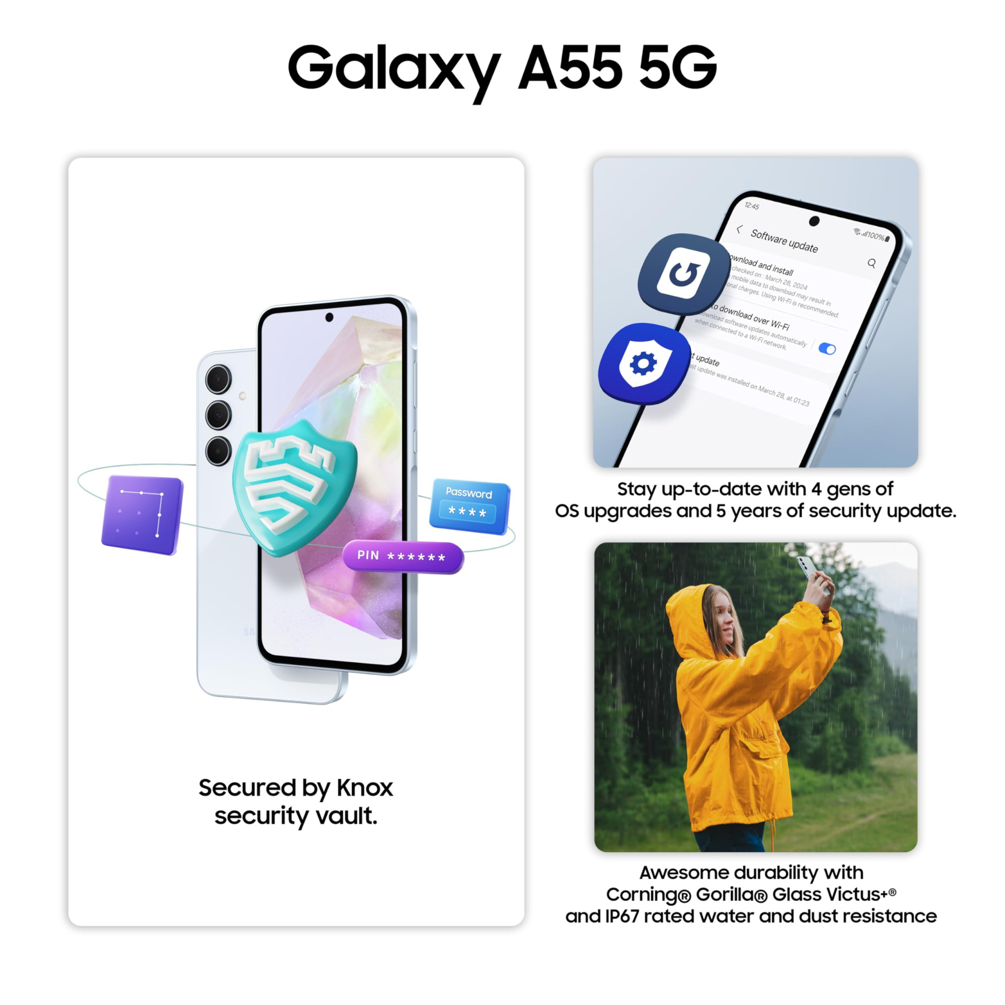 Samsung Galaxy A55 5G Awesome Iceblue 8GB RAM 256GB Storage  Metal Frame  50 MP Main Camera OIS  Nightography  IP67  Corning Gorilla Glass Victus  sAMOLED with Vision Booster