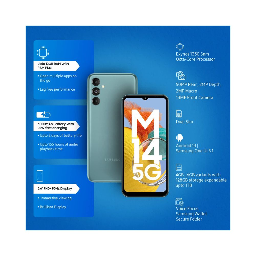 Samsung Galaxy M14 5G (Smoky Teal, 4GB, 128GB Storage) | 50MP Triple Cam | 6000 mAh Battery | 5nm Octa-Core Processor | Android 13 | Without Charger