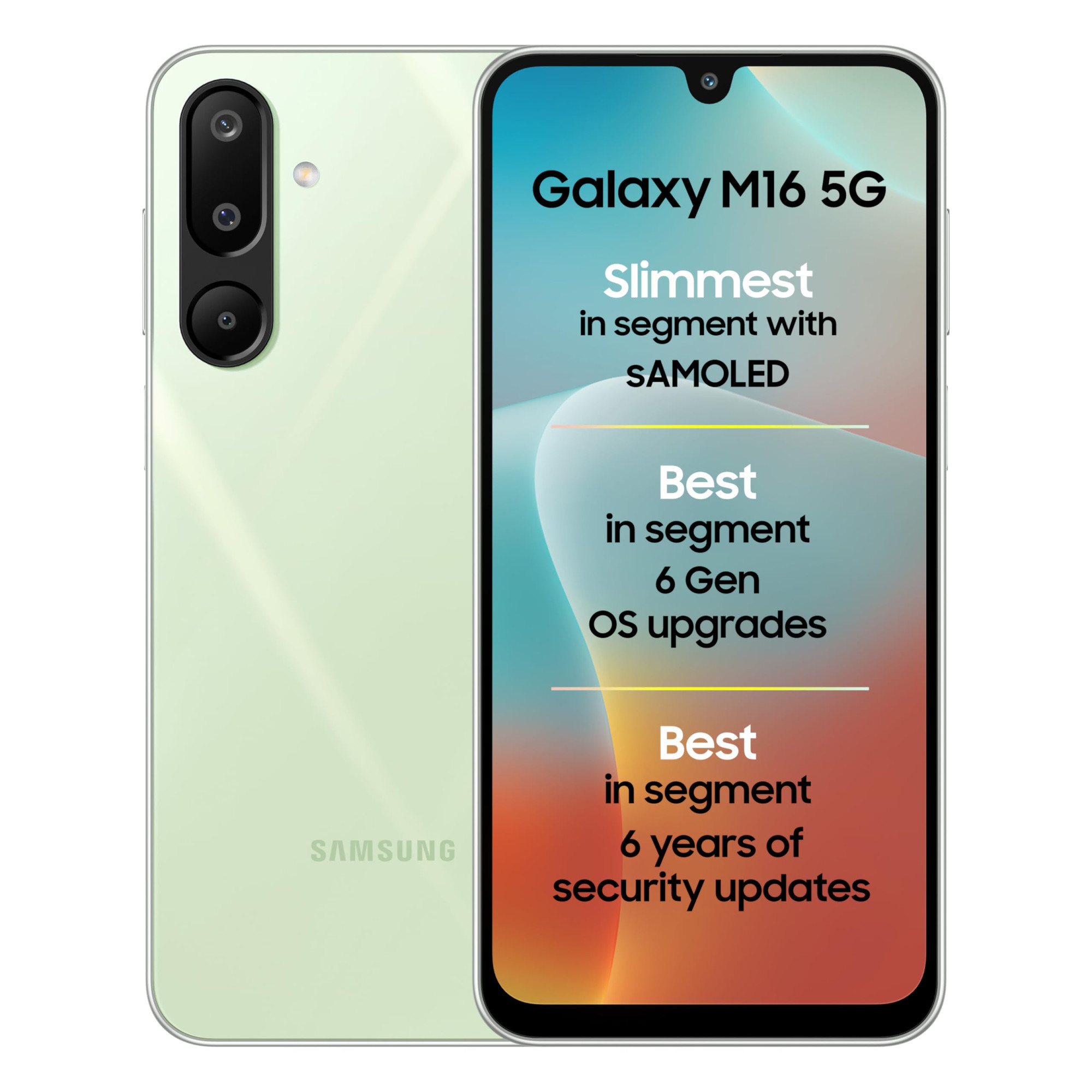 Samsung Galaxy M16 5G Mint Green 6GB RAM 128 GB Storage  MediaTek Dimensity 6300  AnTuTu Score 422K  Super Amoled Display  25W Fast Charging  6 Gen of OS Upgrades  Without Charger