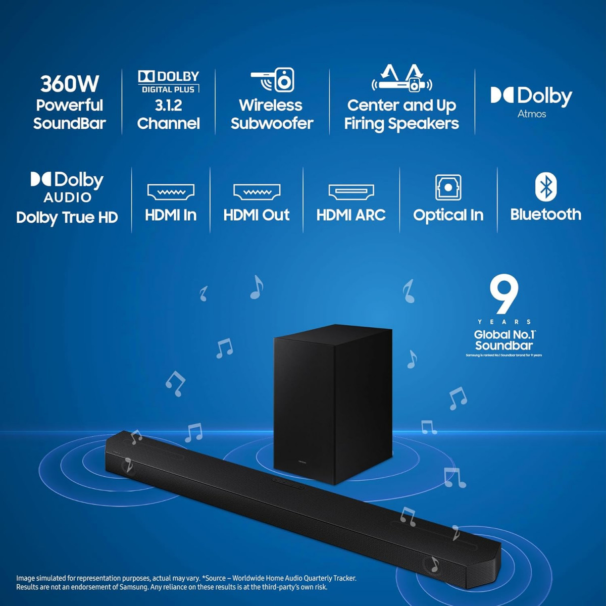 Samsung Q-Symphony Soundbar HW-Q600BXL USB Bluetooth with 312 Channel Wireless Subwoofer and 2 Up-Firing Speakers Dolby Atmos Music Black