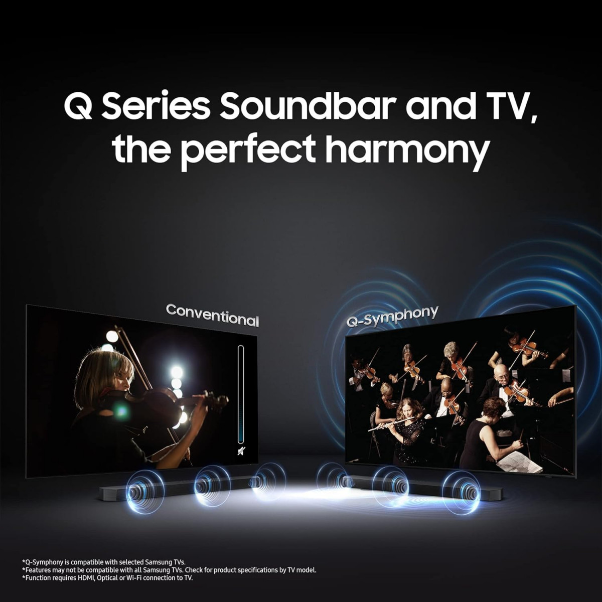 Samsung Q-Symphony Soundbar HW-Q600BXL USB Bluetooth with 312 Channel Wireless Subwoofer and 2 Up-Firing Speakers Dolby Atmos Music Black
