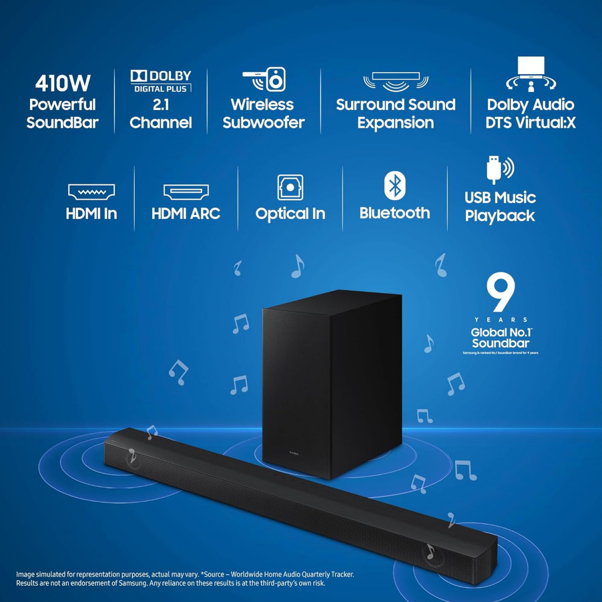 Samsung Soundbar HW-B550XL 21 Channel Wireless Subwoofer Dolby 2ch  DTS Virtual X Experience Sound AI Adaptive Sound Lite Energy Star Black