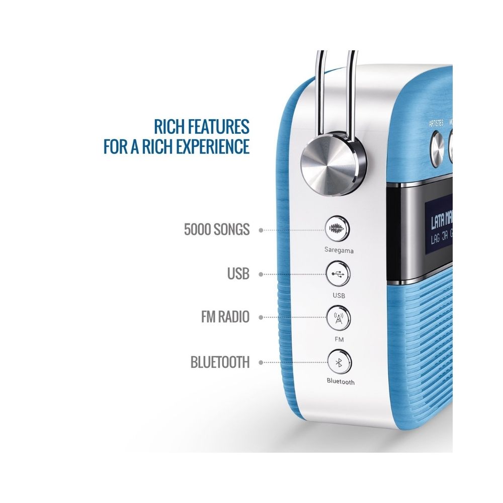 Saregama Carvaan Hindi - Portable Music Player with 5000 Preloaded Songs, FM/BT/AUX (Electric Blue) - Without App