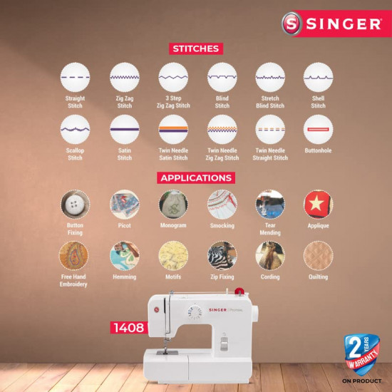 Singer Promise 1408 Automatic Zig-Zag Electric Sewing Machine 8 Built-in Stitches 24 Stitches Functions White Metal Frame