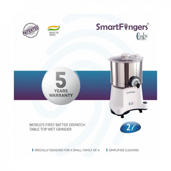 SmartFingers Comfort Plus Table Top Magic Wet Grinder 230V 50hz 2 Liter White