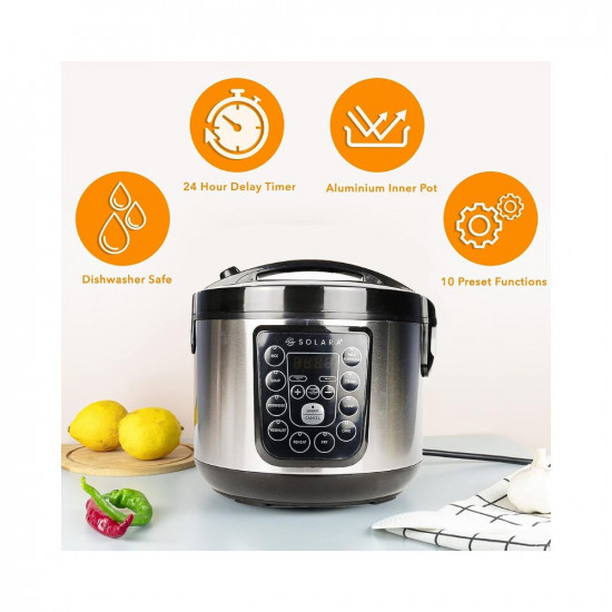 SOLARA Electric Rice Cooker - Cool Touch MultiPurpose Cooker and Food Steamer  Digital Rice Cooker  4 Cups 8 Cups Cooked with Steam  Rinse Basket  Stainless Steel Silver