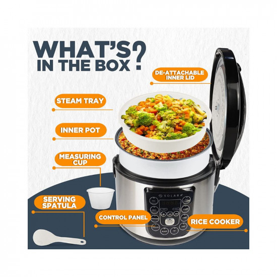 SOLARA Electric Rice Cooker - Cool Touch MultiPurpose Cooker and Food Steamer  Digital Rice Cooker  4 Cups 8 Cups Cooked with Steam  Rinse Basket  Stainless Steel Silver